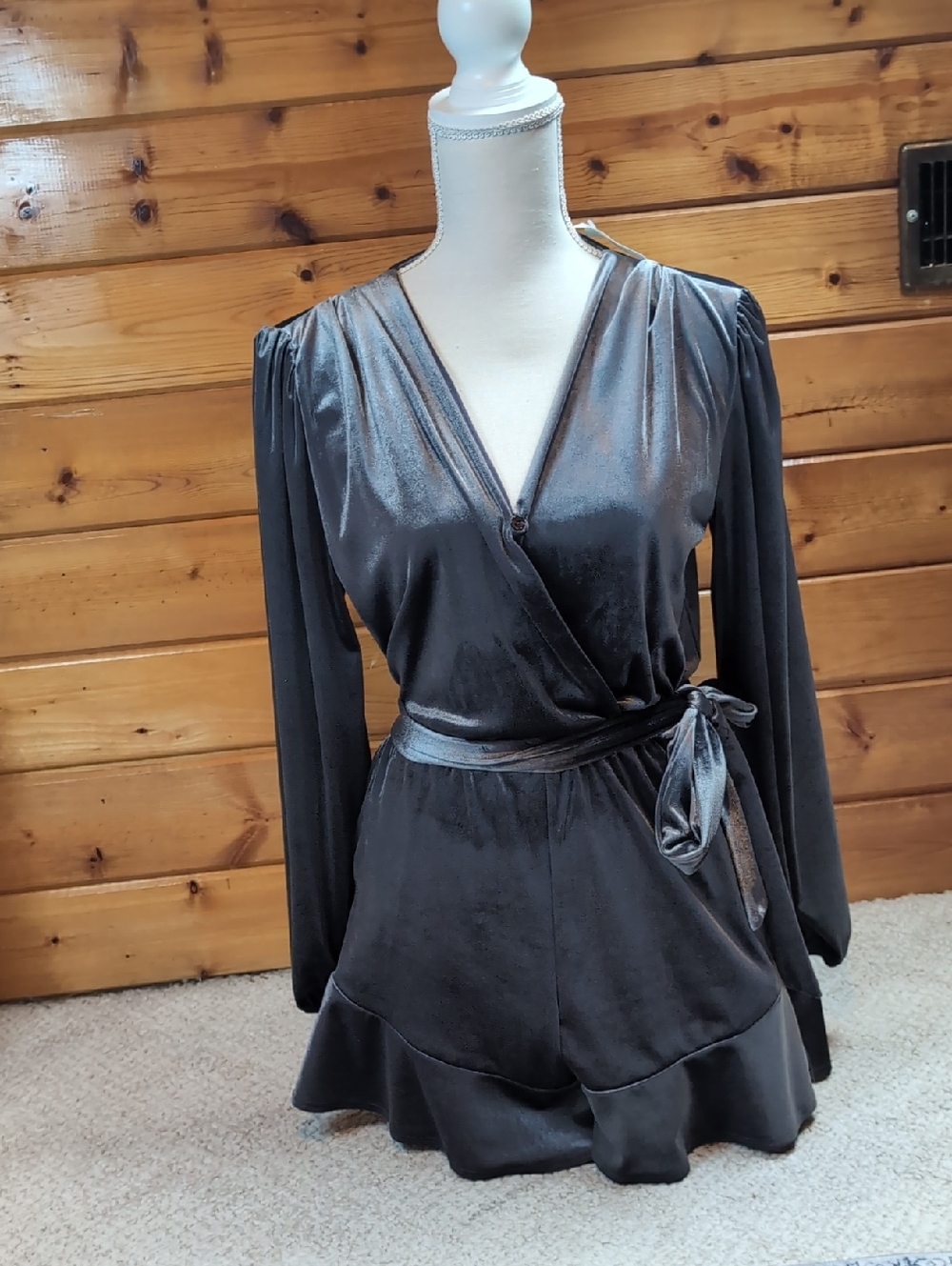 Fraiche By J Charcoal Velvet Romper Size S
